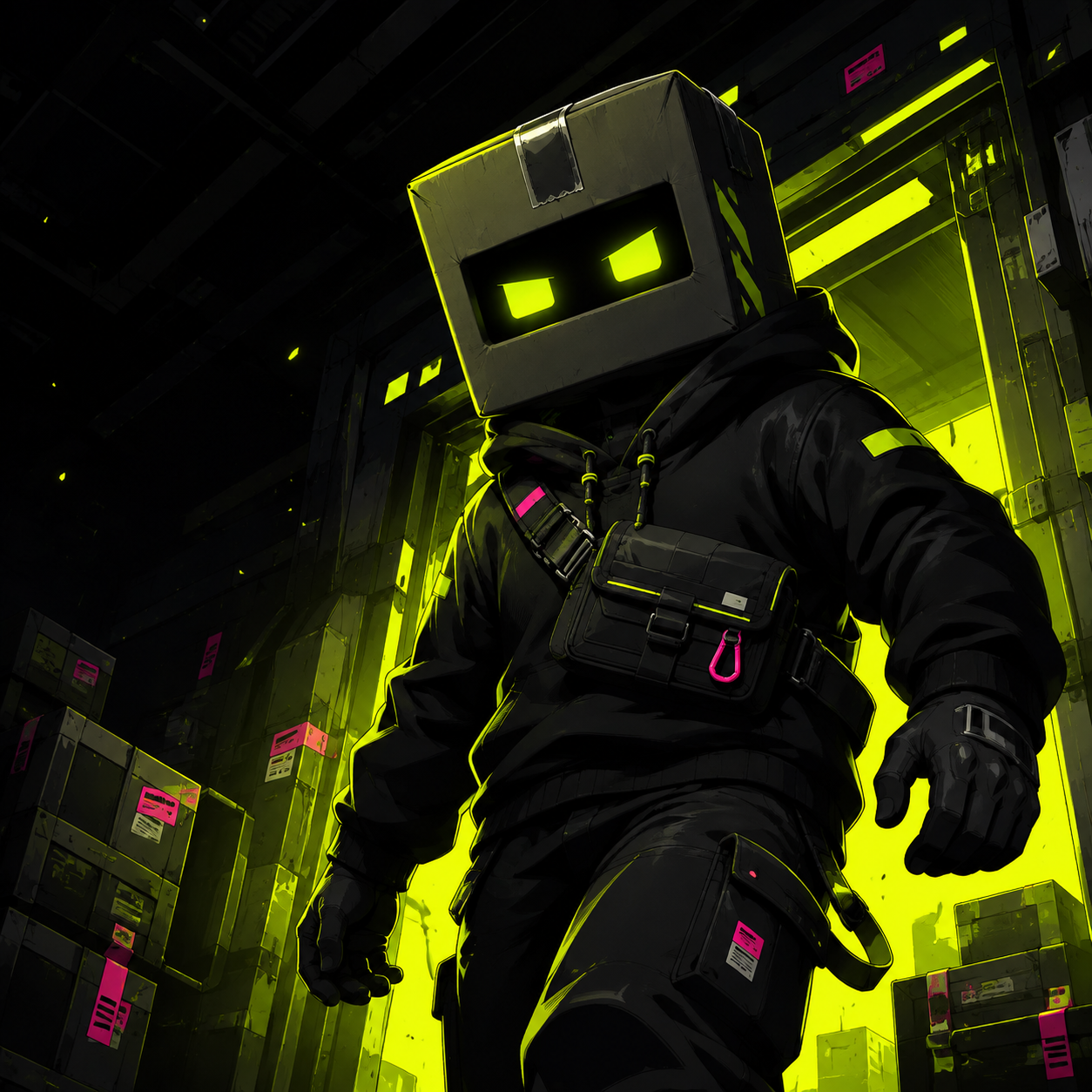 BAGBOY stepping out of a neon warehouse cargo bay